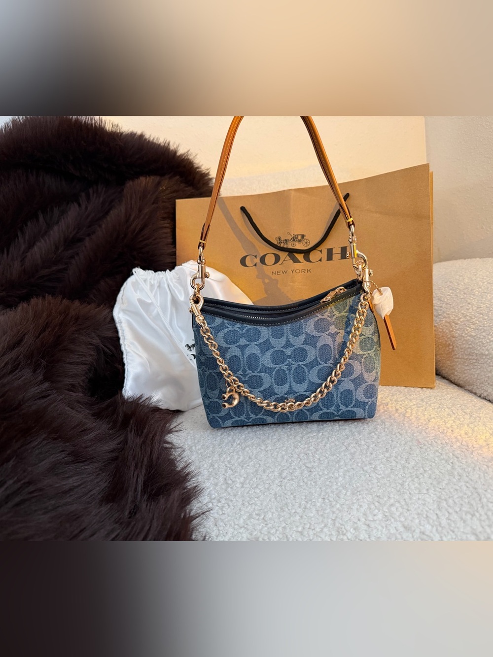 Coach Teri Shoulder Bag Signature Denim Blue CAF82 With Gold Chain Attachment